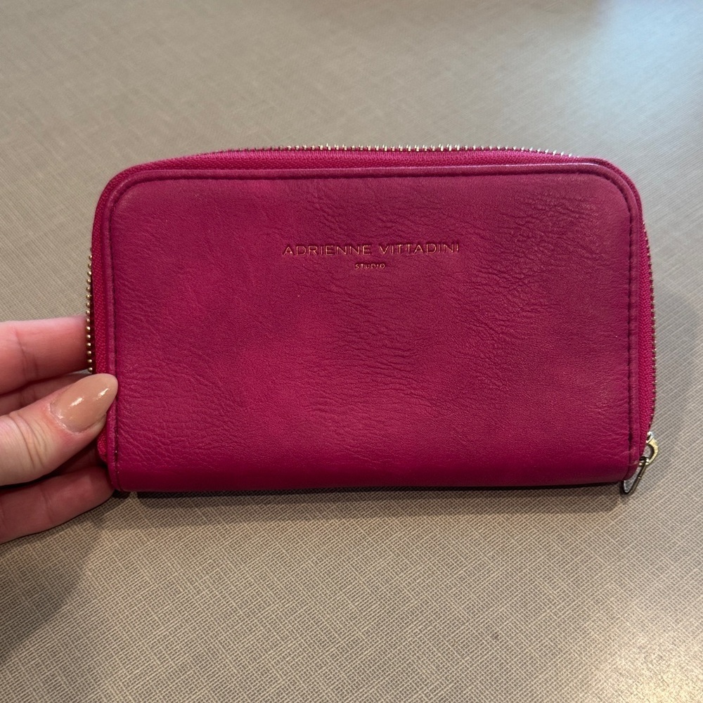 Adrienne Vittadini Magenta Leather Zip-Around Wallet with Gold Accents